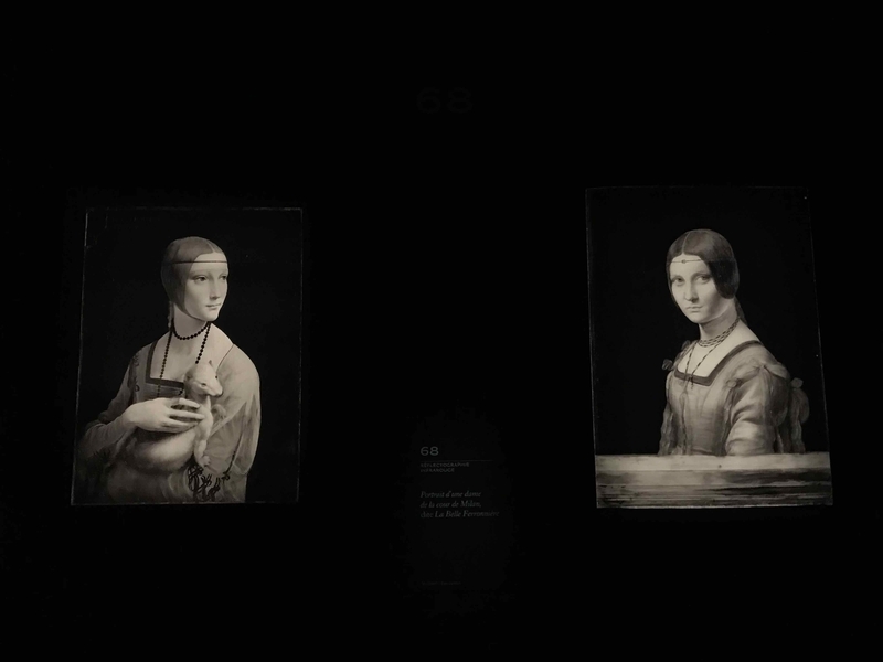 『ラ・ベル・フェロニエール（ミラノの貴婦人）』（右）と『白貂を抱く貴婦人』（左）の赤外線画像