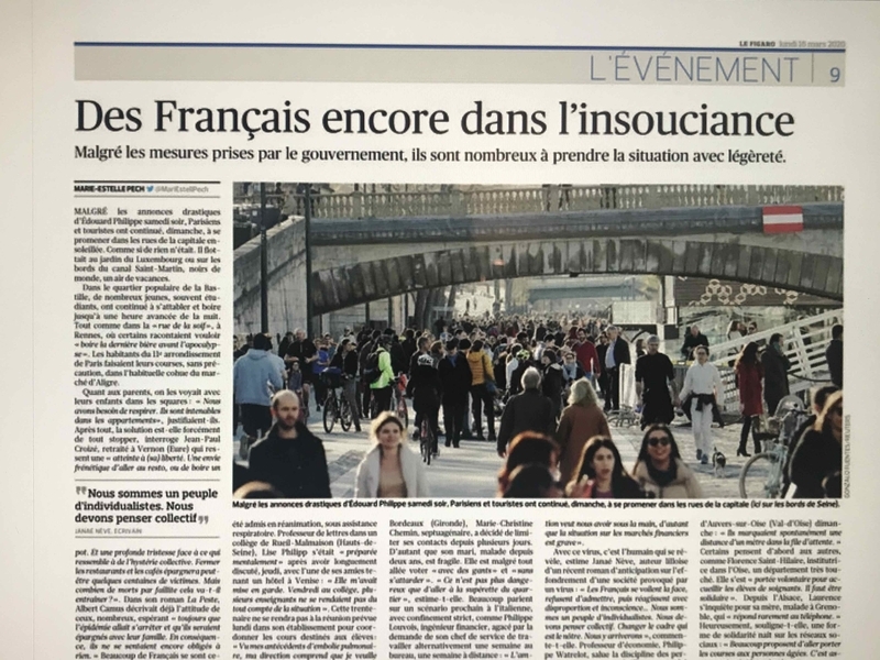 3月16日の『ル・フィガロ』紙。「まだのんきなフランス人達」の見出しとパリのセーヌ河岸を歩く大勢の人々の写真