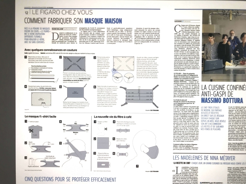 4月18日付の『ル・フィガロ』紙に掲載されていたマスクの作り方提案。Tシャツやコーヒーのフィルターを利用したアイディアが