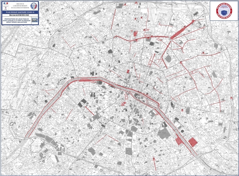 内務省が出したパリの地図。赤いゾーンがマスク着用義務地域。セーヌ川の岸は全域が対象になっている