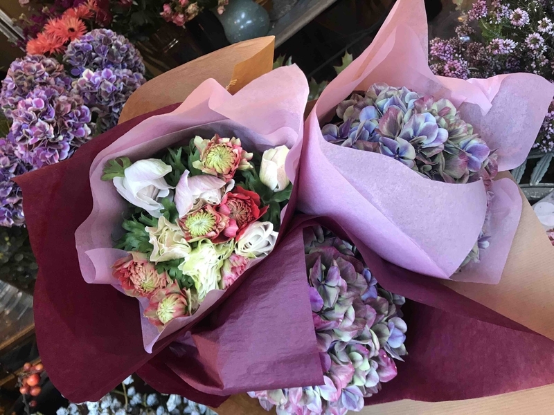 珍しい種類のアネモネ、ニュアンスたっぷりの色合いのあじさい。「パリの花の豊かさを実感します」と、ランジスで田島さんが吟味した花たちが「おうち時間」にうるおいを与えてくれます