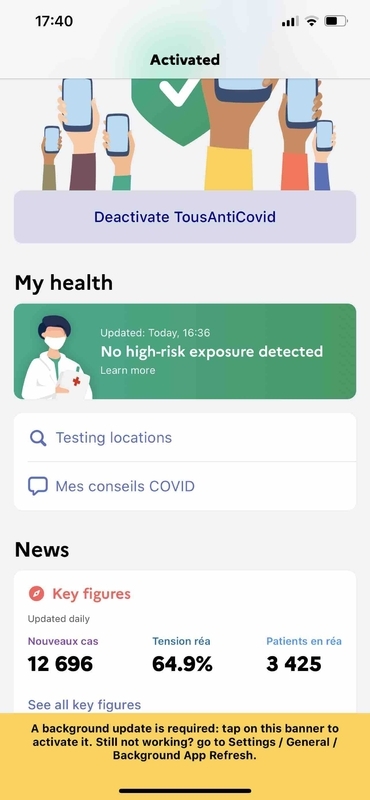 アプリケーション「TousAntiCovid」の画面