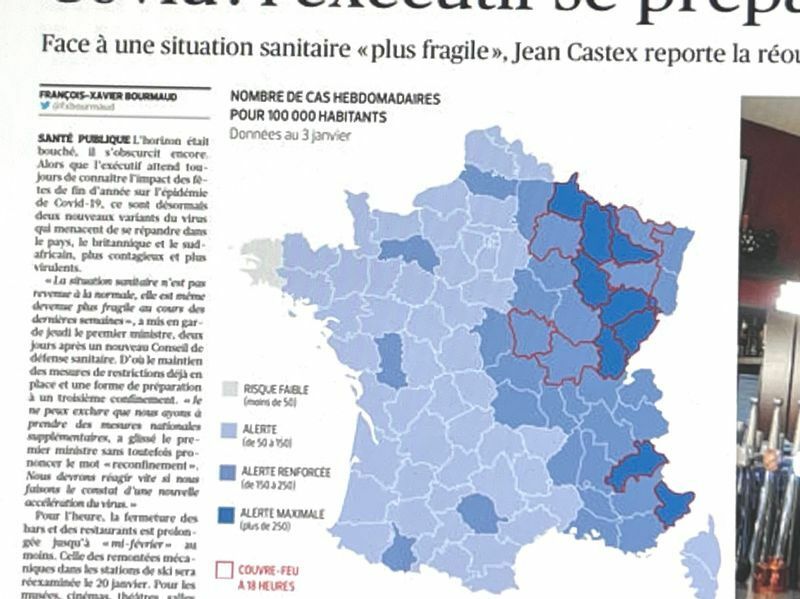1月8日付『ル・フィガロ』掲載の地図。現在フランスでは首都圏などよりも、東側の地域が感染拡大が顕著。赤枠の県が現時点で18時から夜間外出禁止とされている県