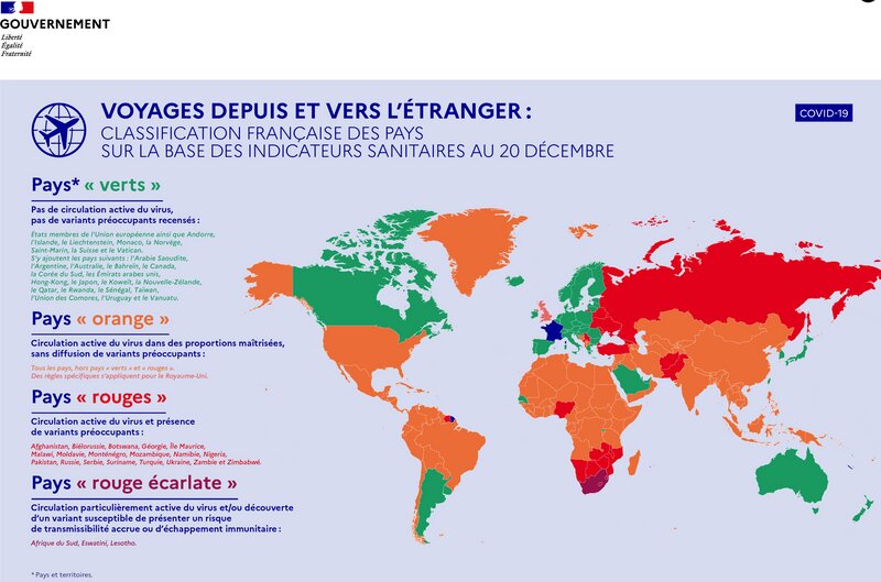 フランス出入国措置の目安になる世界地図。緑、オレンジ、赤、深紅の順に、警戒レベルが上がる。