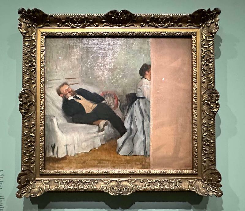 ドガ作「マネとマネ夫人像」（1868ー69年　北九州市美術館所蔵）。ドガがマネに贈ったが、夫人の描き方が気に入らなかったため、マネは絵の右側をカット。それに怒ったドガは絵を取り戻していた