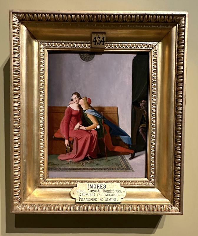 「パオロとフランチェスカ」（1814ー1820）。アングル30代の作品では、背景に嫉妬のために剣を抜こうとしている夫の姿がある。