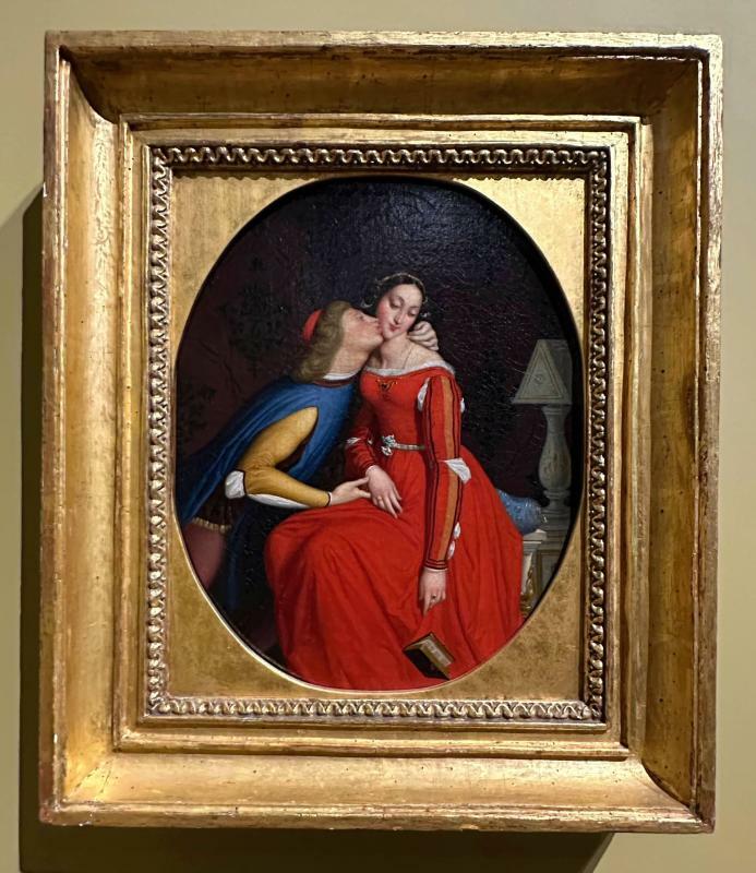 「パオロとフランチェスカ」（1855ー1860年頃）。70代後半のアングルが描いたヴァージョン。フランチェスカの表情、手から滑り落ちる本の表現などがとても魅力的だ。