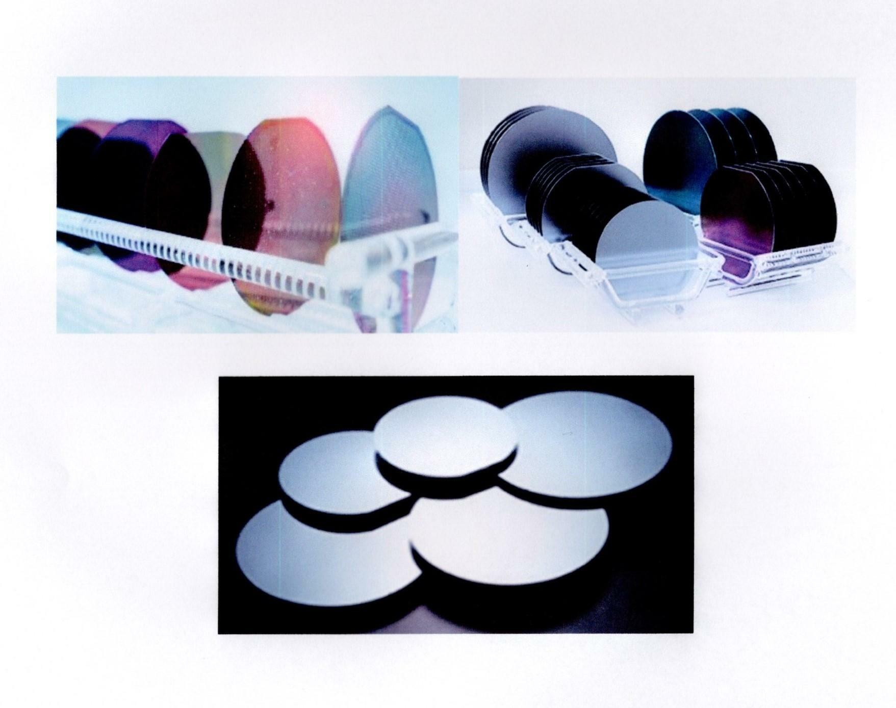 上の左側の写真はパターン（回路/マス目）、上の右側の写真の右は膜（色）があり、加工前ウェハー。上の右側の写真の左と下の写真は膜がとれたシルバーのシリコンの色で加工後の再生ウェハー。写真：RST社提供