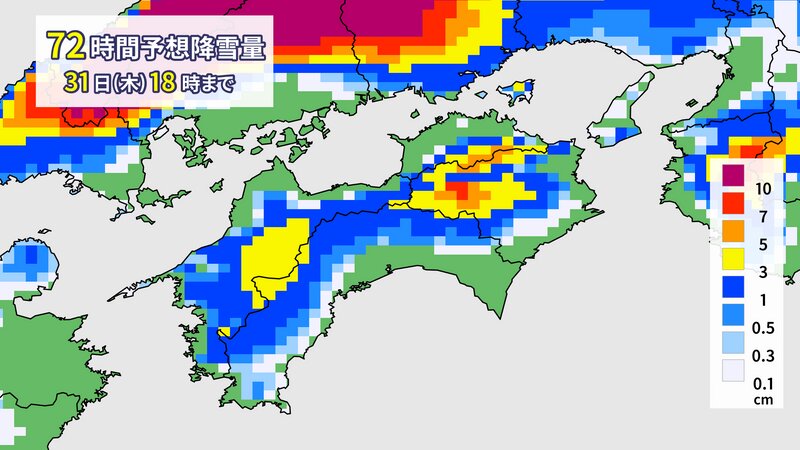 31日(木)午後6時までの72時間に予想される雪の降る量(ウェザーマップ提供)