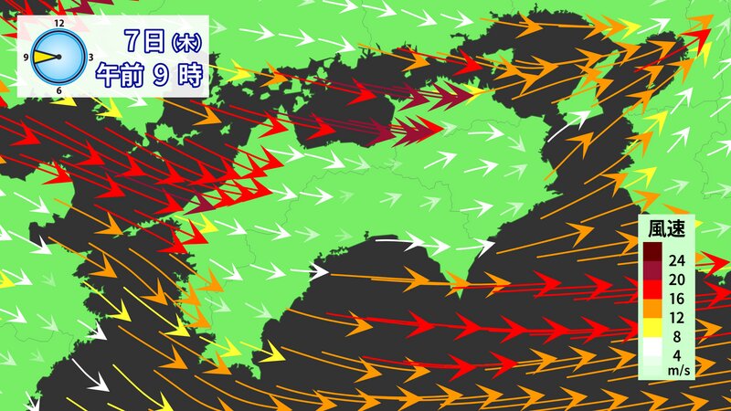 あす1月7日朝に予想される風（ウェザーマップ提供）