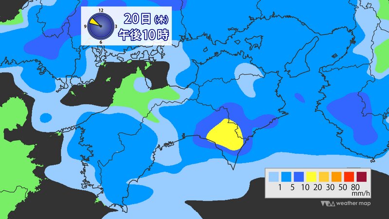図2：5月20日(木)夜遅くの雨の予想（ウェザーマップ提供）
