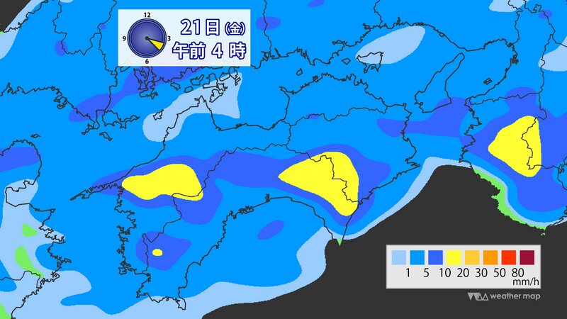 図3：5月21日(金)明け方の雨の予想（ウェザーマップ提供）
