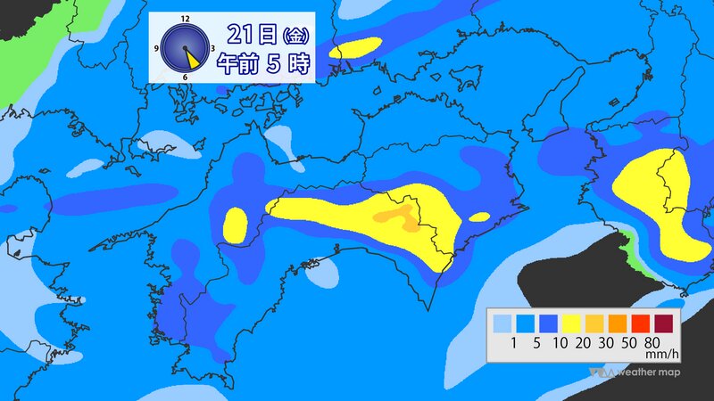 図4：5月21日(金)明け方の雨の予想（ウェザーマップ提供）