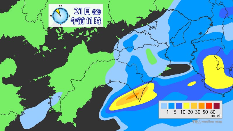 図5：5月21日(金)昼前の雨の予想（ウェザーマップ提供）