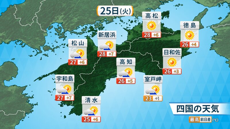 図1：25日(火)四国地方の天気予報（ウェザーマップ提供）