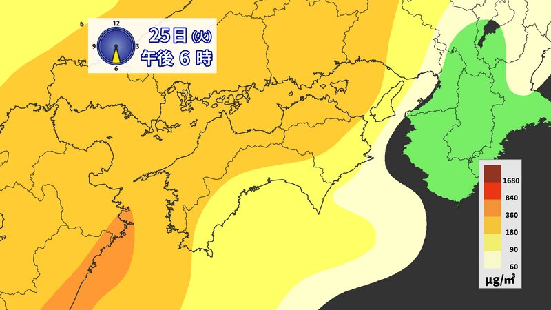 図2：25日(火)の黄砂予測（ウェザーマップ提供）