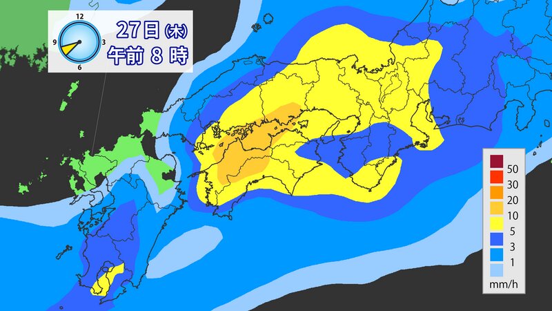 図4：27日(木)朝の雨の予想（ウェザーマップ提供）