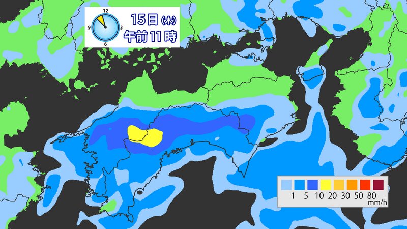 図4：15日(木)昼前の雨の予想（ウェザーマップ提供）