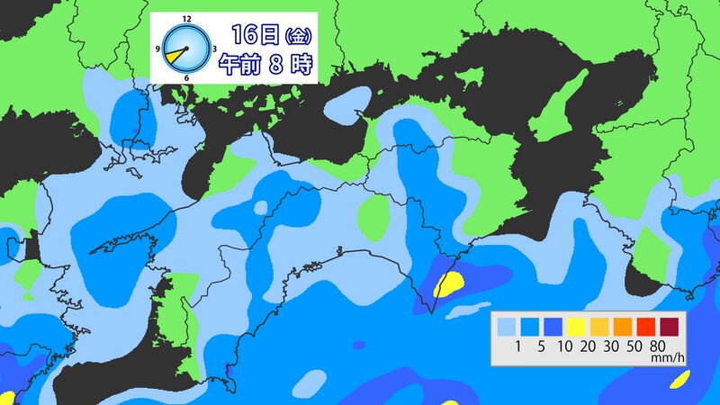 図5：16日(金)朝の雨の予想（ウェザーマップ提供）