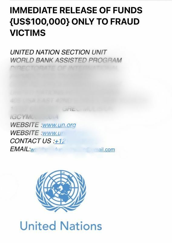被害者に送られてきた、国連のマーク入りメール