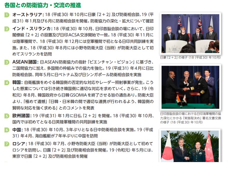 韓国人記者から批判が相次いだ防衛白書の「各国との防衛協力・交流の推進」の欄。