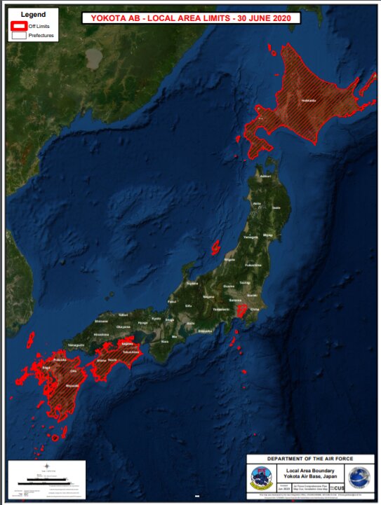 米軍横田基地は首都圏のほか、北海道や九州、四国などを「立ち入り禁止」地域に指定している。赤色斜線部分が立ち入り禁止地域（横田基地の発表資料を筆者がスクリーンショットして作成）