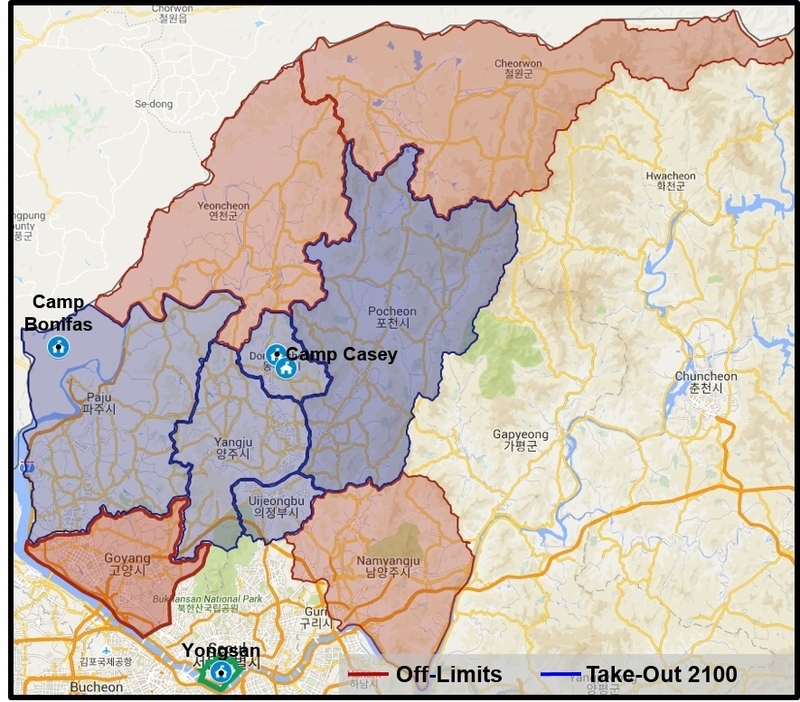 地図上の赤色部分が在韓米軍が「立ち入り禁止」に定めた地域。青色部分が午後9時以降の外食のテイクアウトのみが許された地域（フェイスブックから）