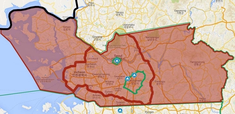 地図上の赤色部分が在韓米軍が「立ち入り禁止」に定めた地域。ソウルや仁川、京畿道の一部が含まれている（フェイスブックから）
