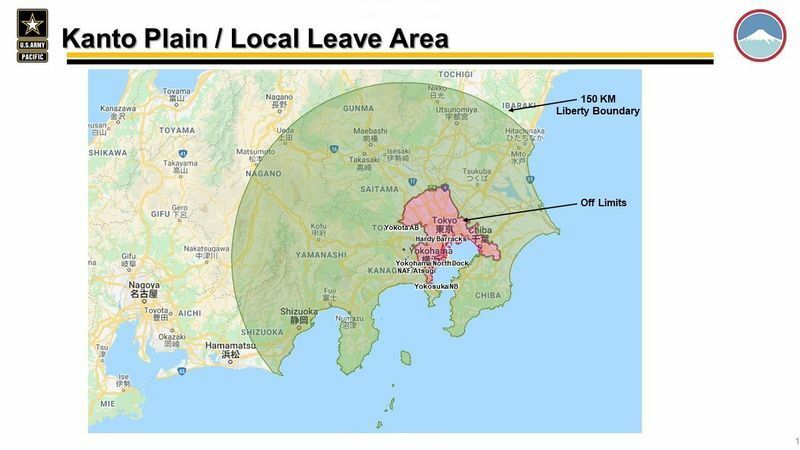 関東平野150キロ圏内での外食禁止を命じた在日米陸軍の地図。赤色部分は「立ち入り禁止」地域（2020年12月2日のフェイスブック投稿から）