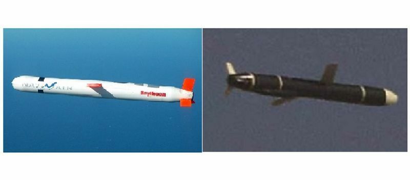 アメリカのトマホーク（ブロック IV）（写真：米海軍）と北朝鮮の新型長距離巡航ミサイル（写真：労働新聞）