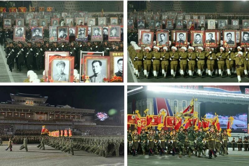 20世紀前半の日本による植民地時代に抗日戦線で戦った人々の肖像画を掲げて行進する北朝鮮軍兵士（労働新聞）