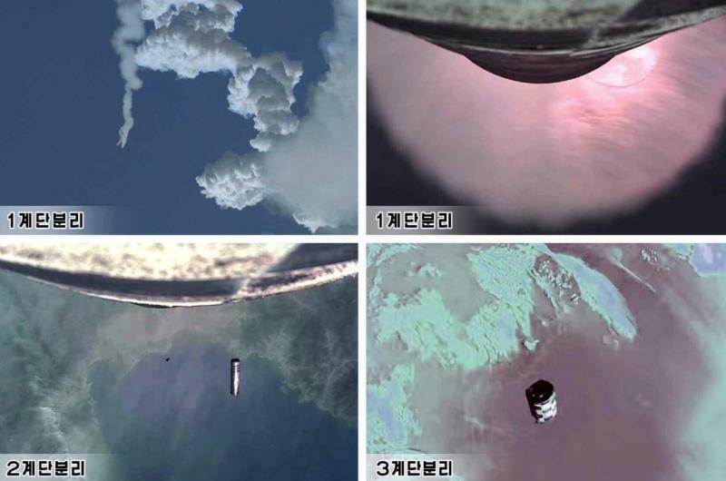北朝鮮メディアが公開した写真では、固体燃料式のICBM「火星18」の上昇時、字幕で「1段階分離」「2段階分離」「3段階分離」とそれぞれ説明しており、3段式を示している（労働新聞）