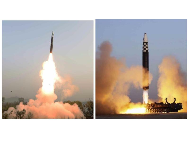 写真右は固体燃料式ICBM「火星18」（労働新聞）、写真左は液体燃料式ICBM「火星17」（朝鮮中央通信）