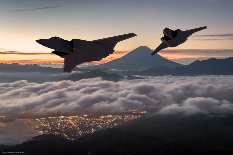 富士山をバックに飛行する日英伊共同開発の次期戦闘機のイメージ図（防衛省提供）