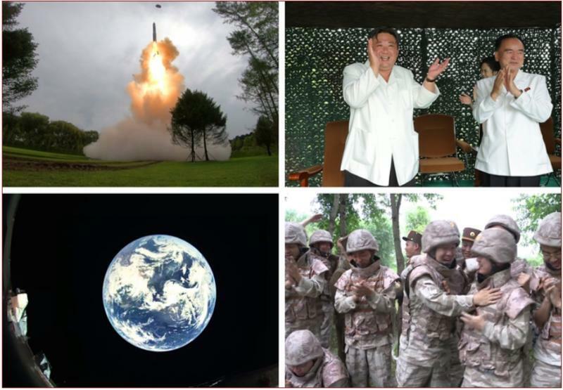 4月13日に続き、新型ICBM「火星18型」の発射成功に喜ぶ北朝鮮最高指導者の金正恩（キム・ジョンウン）国務委員長と趙甬元（チョ・ヨンウォン）政治局常務委員（右上写真）（労働新聞）