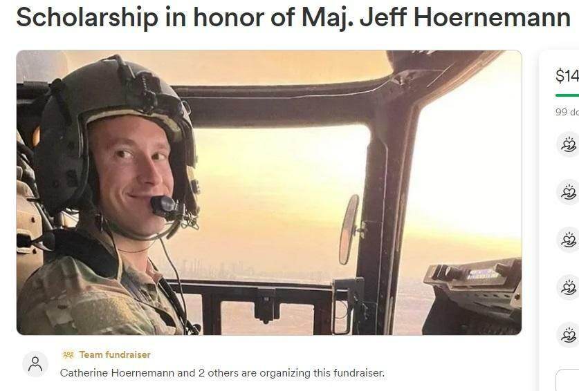 米空軍オスプレイの屋久島沖墜落事故で死亡したジェフ・ホーネマン空軍少佐を追悼するため、同少佐の両親が始めた奨学金基金設立を目指すキャンペーン（募金サイト「GoFundMe」のサイトをキャプチャー）