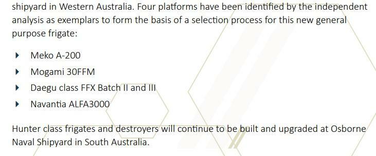 オーストラリア政府が2月20日に発表した同国海軍の水上戦闘艦隊能力についての独立分析報告書の中で、次期フリゲートの候補の1つとして名前が挙がった海自のもがみ型護衛艦（オーストラリア政府報告書より）