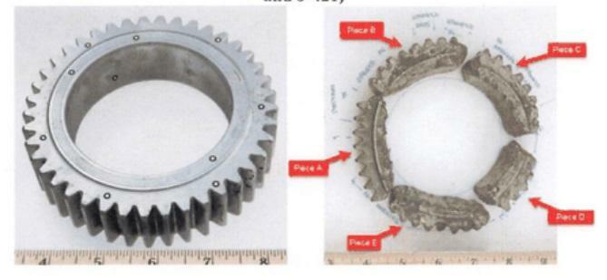 新品のハイスピード・ピニオンギア（右）と破断したハイスピード・ピニオンギア（左）（米空軍事故調査報告書より）