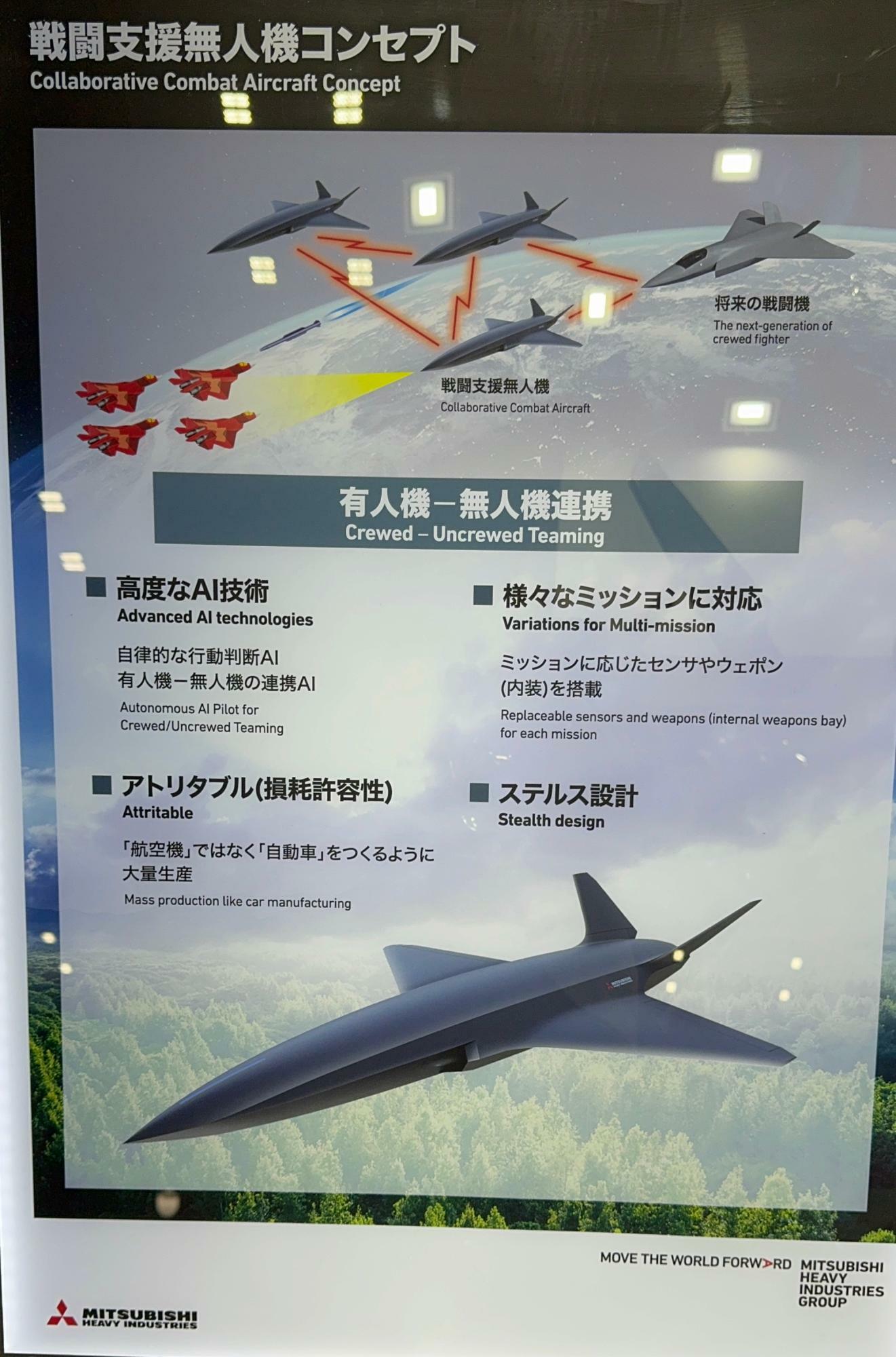 三菱重工業が2024国際航空宇宙展で展示した戦闘支援無人機コンセプト説明図（筆者撮影）