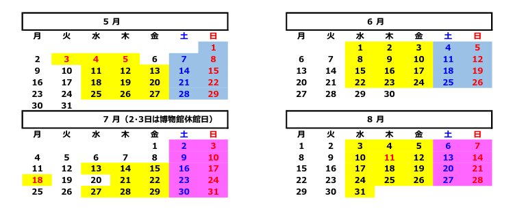2022年5月から9月までの日吉ヶ丘公園開放日(黄色とピンクが該当日、青色は競馬開催日入場料が必要)/JRA公式サイトより抜粋