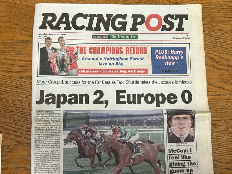 イギリスの競馬専門紙「レーシングポスト」でもタイキシャトル優勝の様子は1面で報じられた(筆者提供)