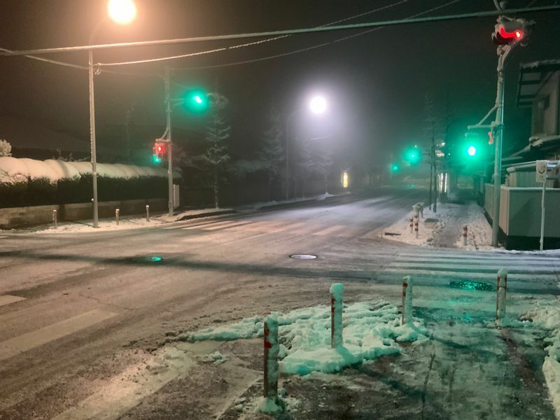 雪は止んだが路面に残った雪は凍っている首都圏。この撮影の十数分後に中型トラックがスリップして、右側バス停付近の縁石に衝突していた。（筆者撮影）