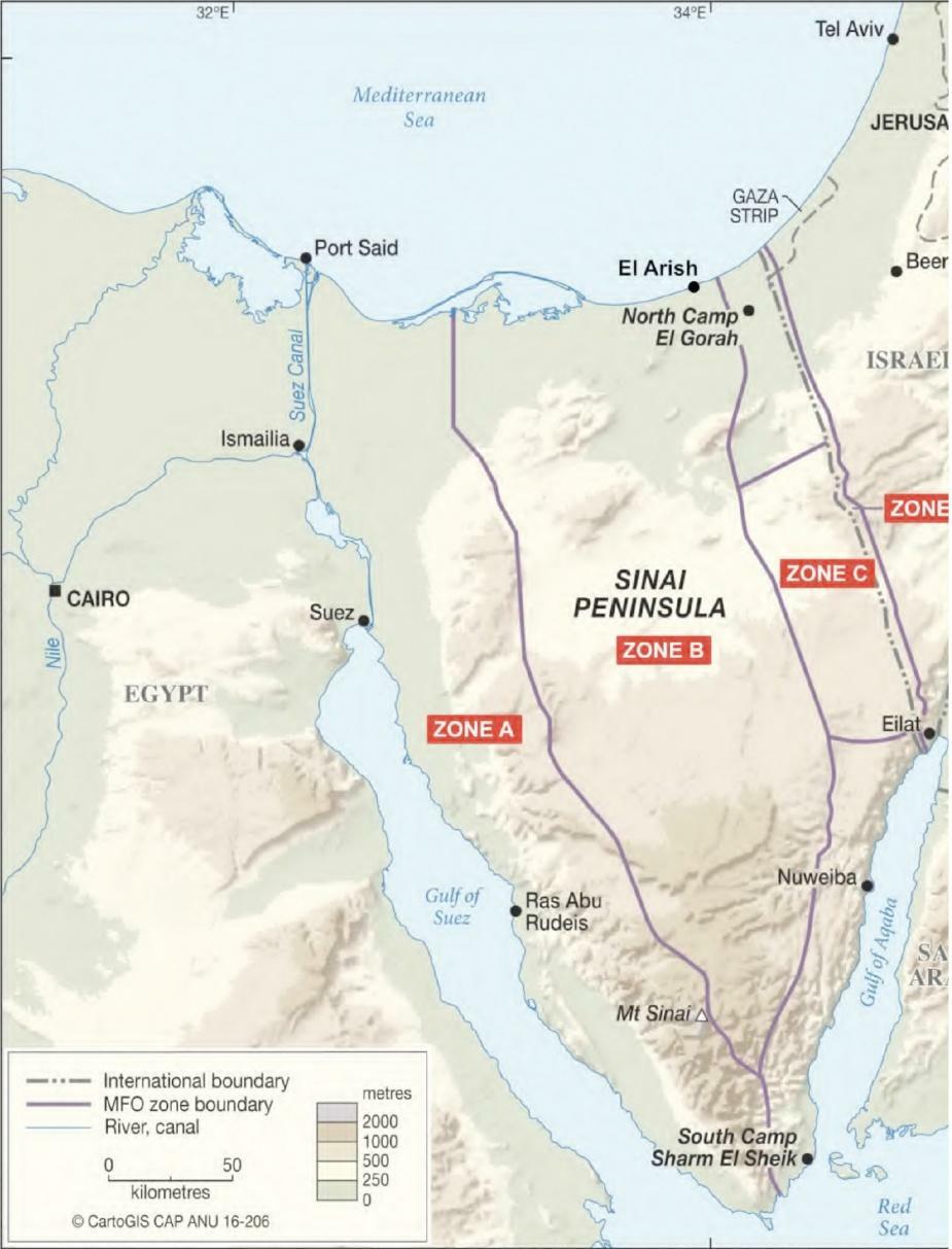地図：シナイ半島の兵力配置規制地域図。