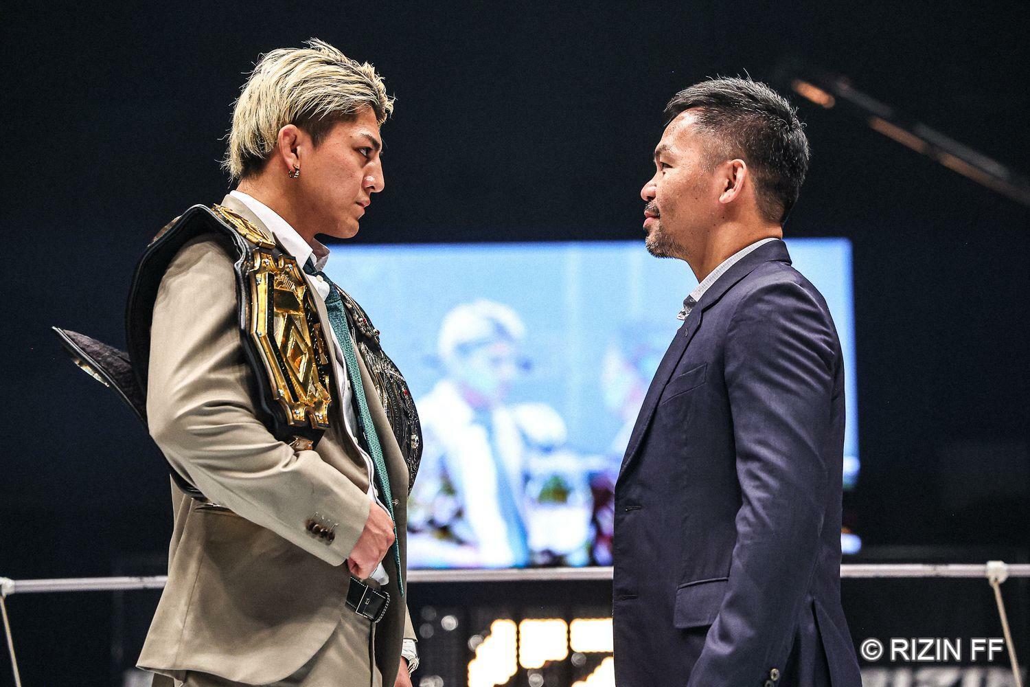 『RIZIN.47』第7試合終了後にリングに上がり健闘を誓い合った鈴木千裕（左）とマニー・パッキャオ（写真：RIZIN FF）