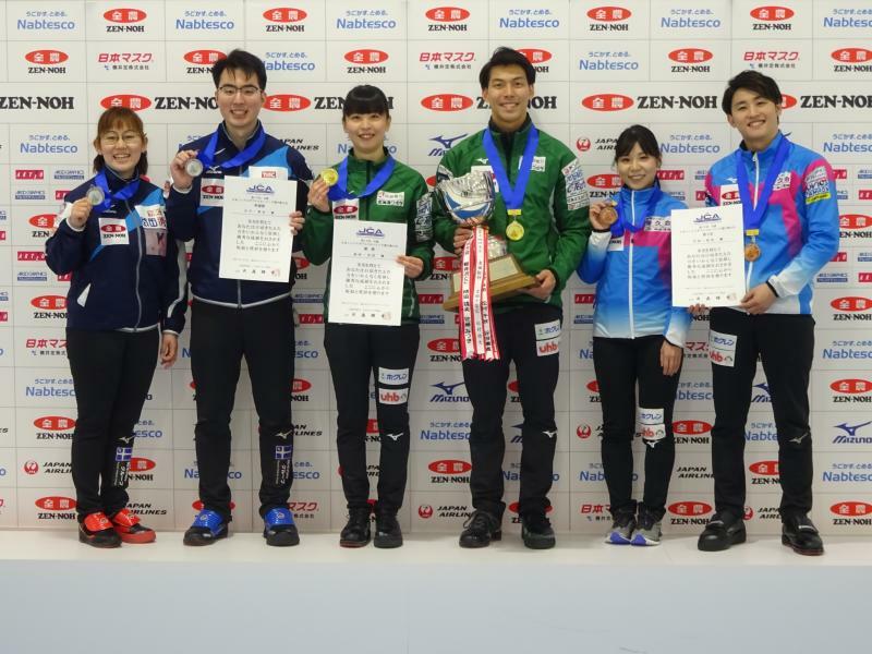 昨季の日本選手権のメダル獲得チーム。写真右の吉田夕梨花（ロコ・ソラーレ）と松村雄太（TM軽井沢）は今季は4人制に集中することになりそうだ　（著者撮影）