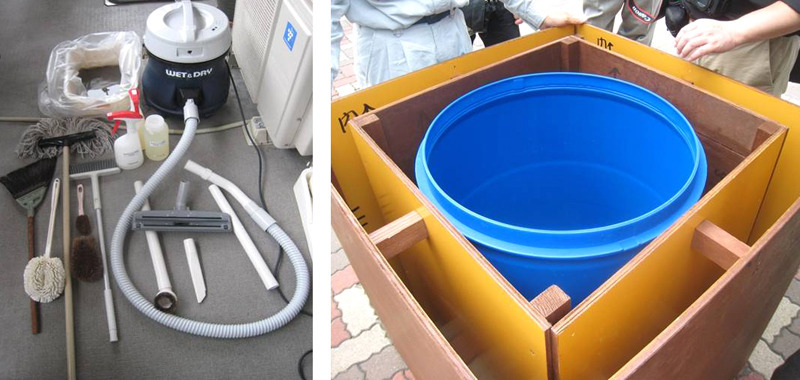 除染に使う道具(左)と除去物の保管容器（山田教授提供）