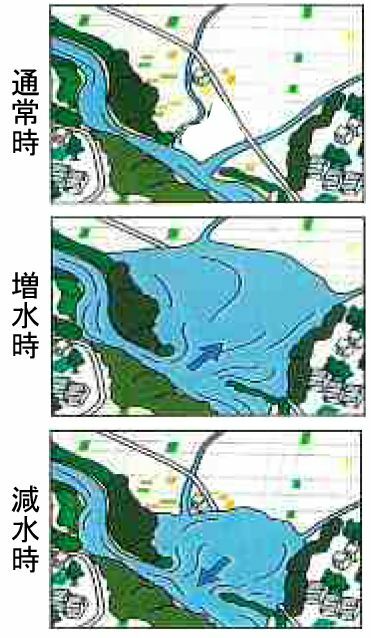 霞堤の遊水地としての機能を説明する図解（国交省中部地方整備局の資料から）