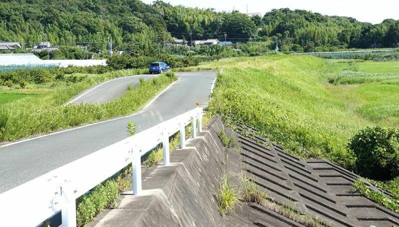 豊川市の金沢地区。堤防道路が行き止まりになる先が、堤防の切れる霞堤となっている。小山さんのナシ畑は堤防道路の左手にある（2020年7月、筆者撮影）