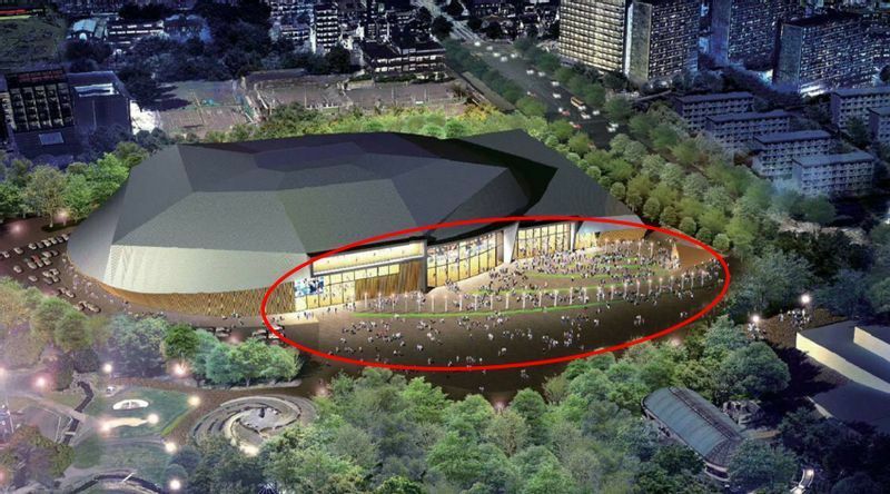 愛知県が入札前の基本計画で示した新体育館のイメージ。公園内の広場と連続する南面（赤丸）が開放的でフラットなエントランスとして想定されていた（愛知県の資料に筆者加筆）