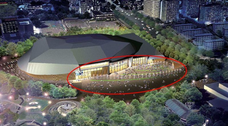 愛知県が入札前の基本計画で示した新体育館のイメージ。公園内の広場と連続する南面(赤丸)が開放的でフラットなエントランスとして想定されていた(愛知県の資料に筆者加筆)